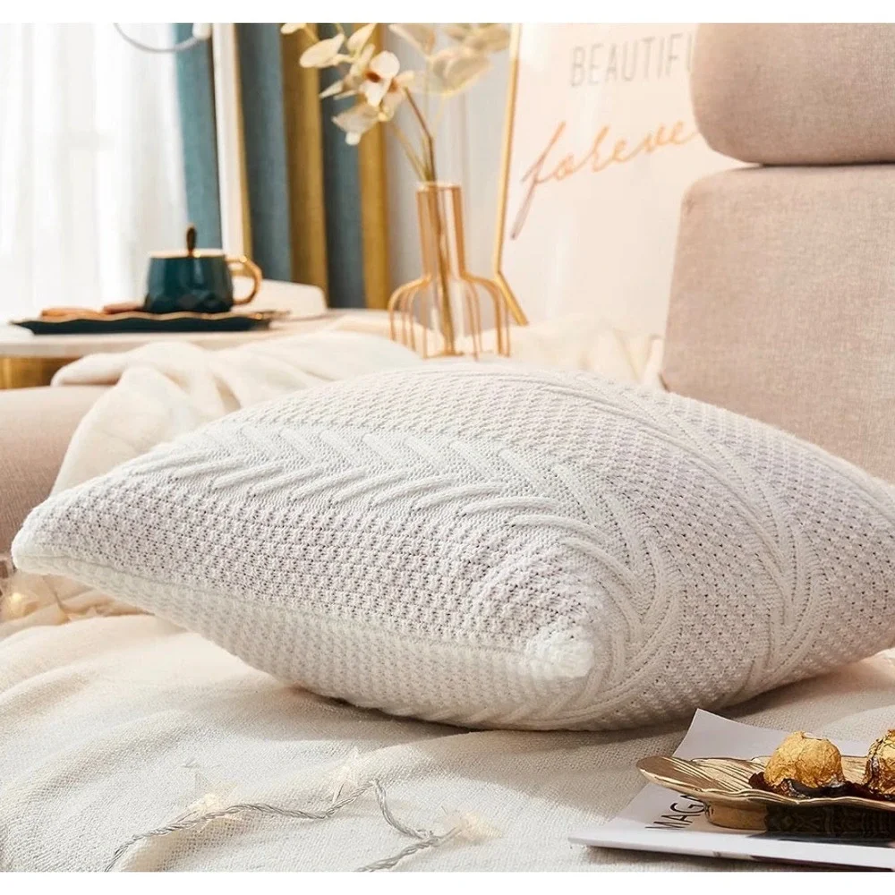 Libcmlian Cream White Cable Knit Cotton Throw Pillow Cover 20x20 Chevron Square